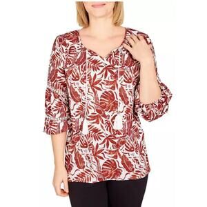 Ruby Rd Linen Blend Meet Me in Tahiti Printed Rust Tassel Blouse Women Sz L